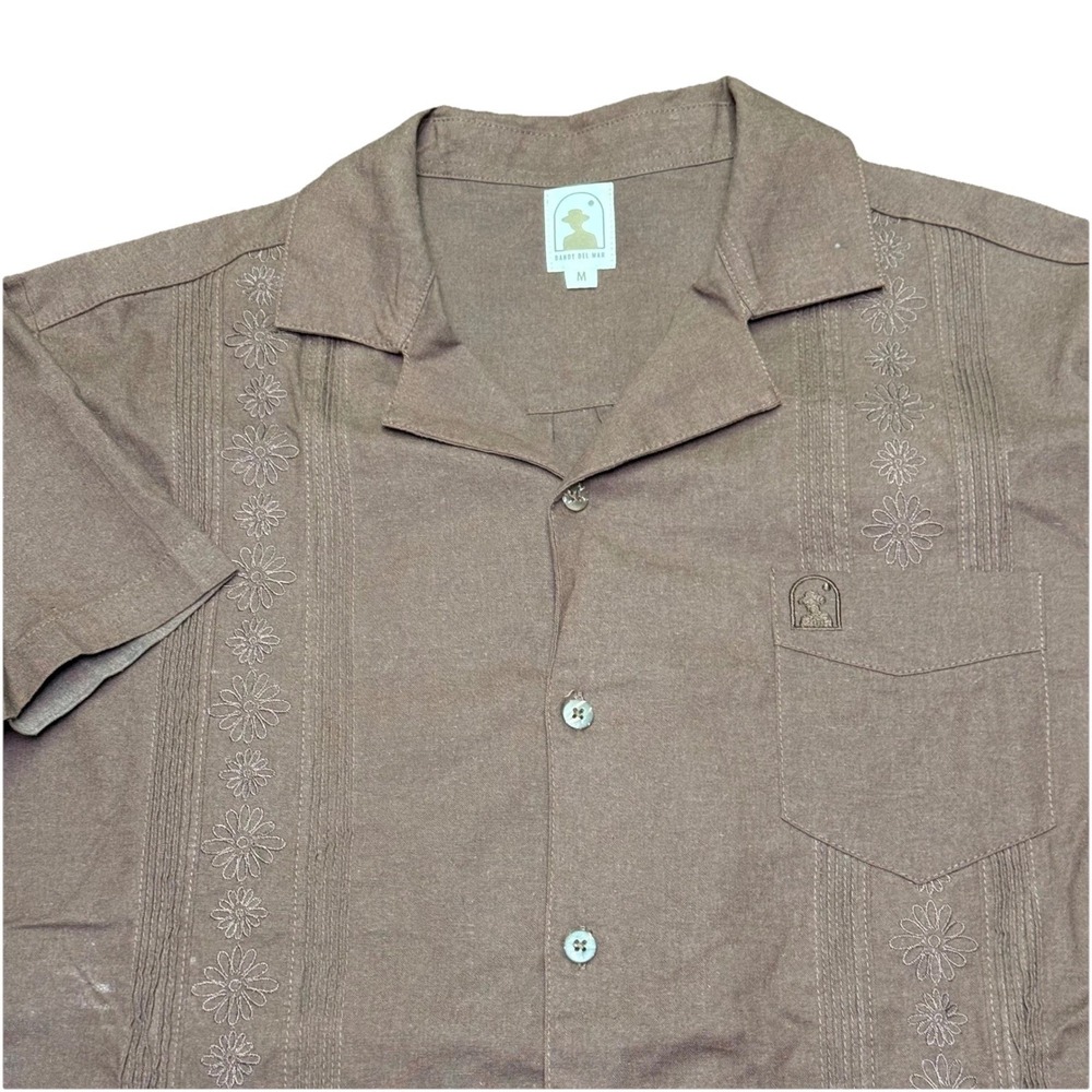 Dandy Del Mar Guayabera Shirt Mens M Brown Linen Cotton Embroidered Floral Short